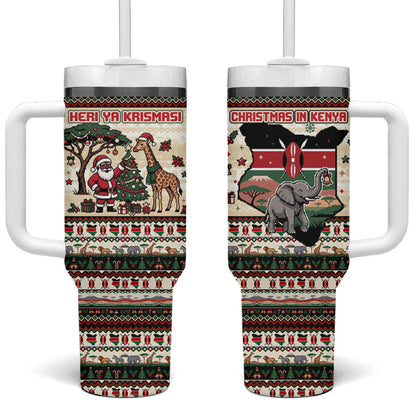 Kenya Christmas Santa Wildlife Tumbler With Handle Heri Ya Krismasi - Elephant Giraffe - Ugly Pixel Art