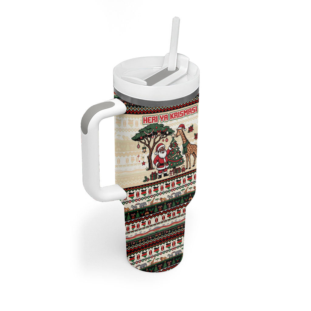 Kenya Christmas Santa Wildlife Tumbler With Handle Heri Ya Krismasi - Elephant Giraffe - Ugly Pixel Art