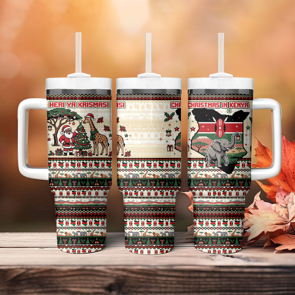 Kenya Christmas Santa Wildlife Tumbler With Handle Heri Ya Krismasi - Elephant Giraffe - Ugly Pixel Art