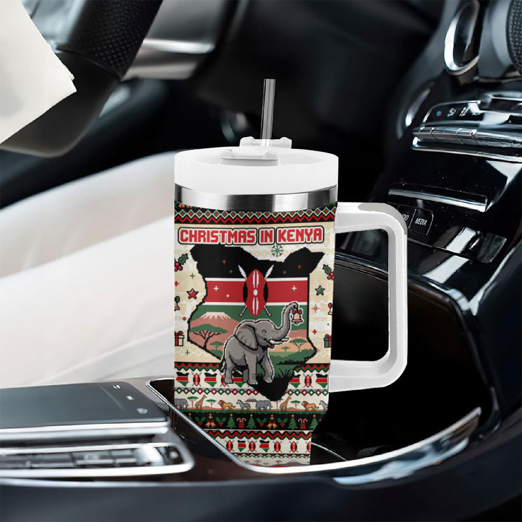 Kenya Christmas Santa Wildlife Tumbler With Handle Heri Ya Krismasi - Elephant Giraffe - Ugly Pixel Art