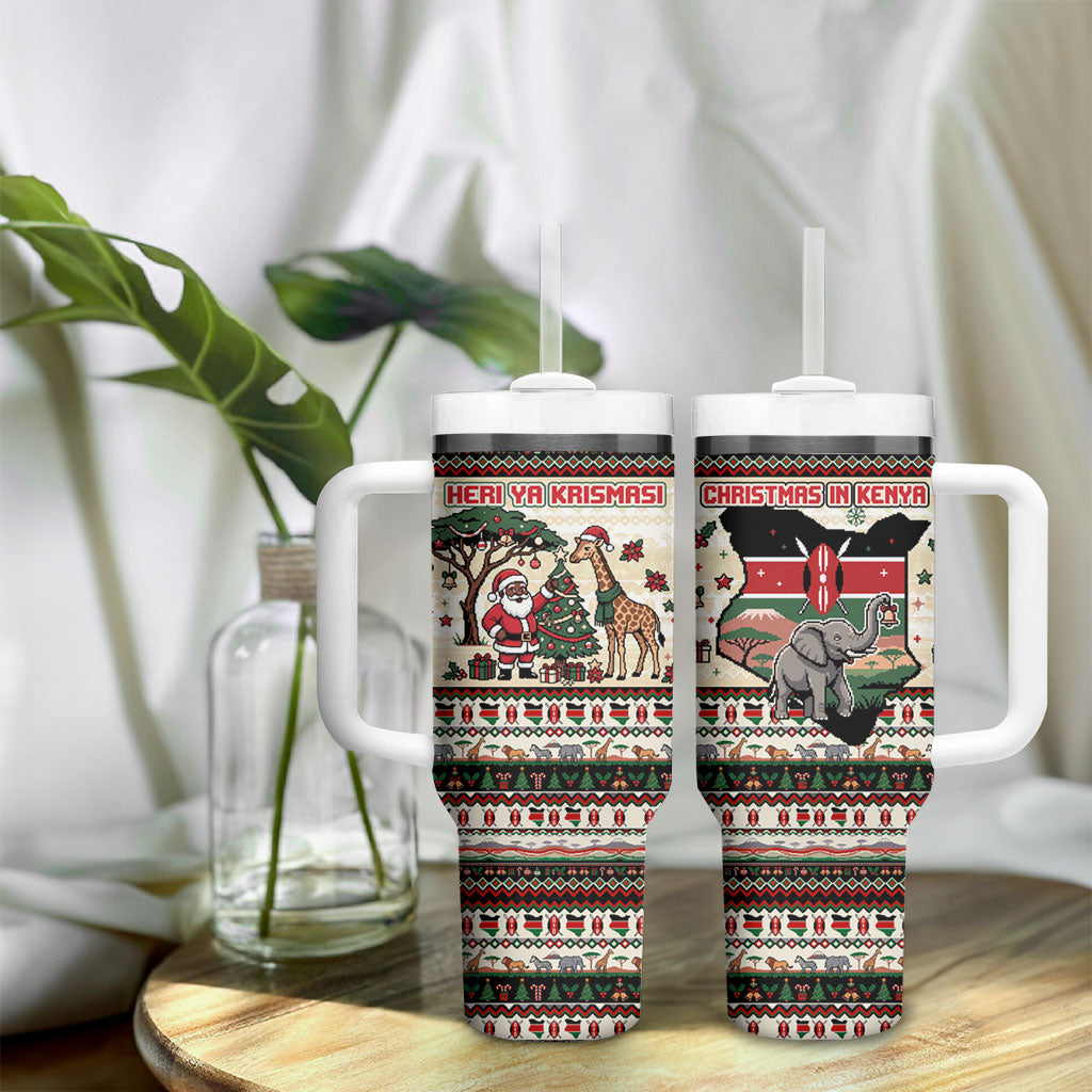 Kenya Christmas Santa Wildlife Tumbler With Handle Heri Ya Krismasi - Elephant Giraffe - Ugly Pixel Art