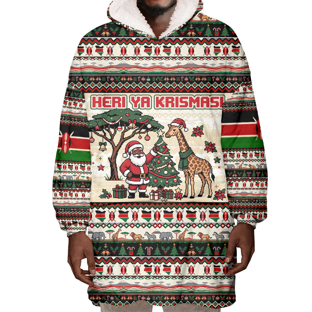 Kenya Christmas Santa Wildlife Wearable Blanket Hoodie Heri Ya Krismasi - Elephant Giraffe - Ugly Pixel Art