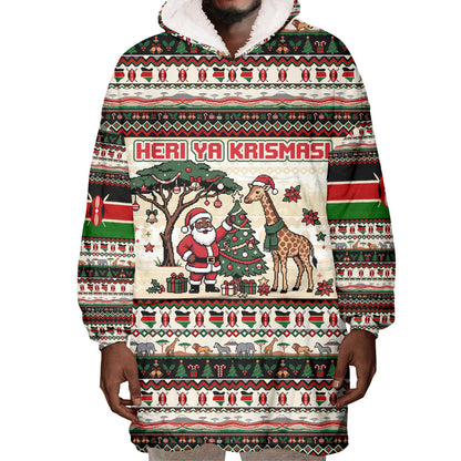 Kenya Christmas Santa Wildlife Wearable Blanket Hoodie Heri Ya Krismasi - Elephant Giraffe - Ugly Pixel Art