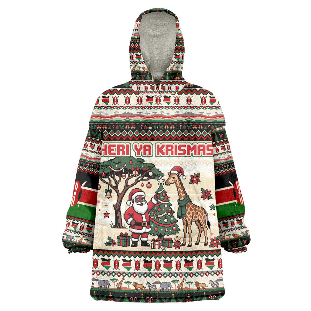 Kenya Christmas Santa Wildlife Wearable Blanket Hoodie Heri Ya Krismasi - Elephant Giraffe - Ugly Pixel Art