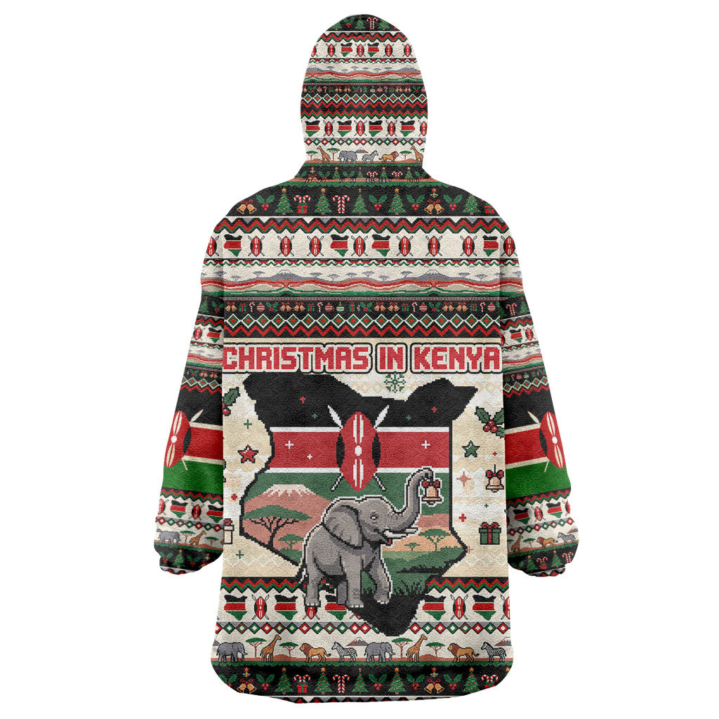 Kenya Christmas Santa Wildlife Wearable Blanket Hoodie Heri Ya Krismasi - Elephant Giraffe - Ugly Pixel Art