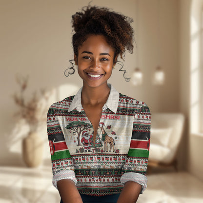 Kenya Christmas Santa Wildlife Women Casual Shirt Heri Ya Krismasi - Elephant Giraffe - Ugly Pixel Art