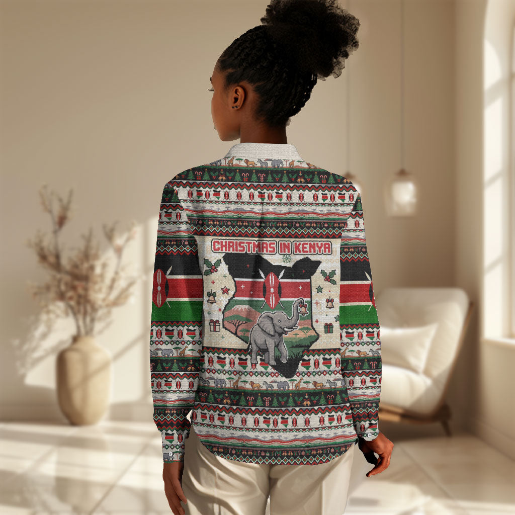Kenya Christmas Santa Wildlife Women Casual Shirt Heri Ya Krismasi - Elephant Giraffe - Ugly Pixel Art