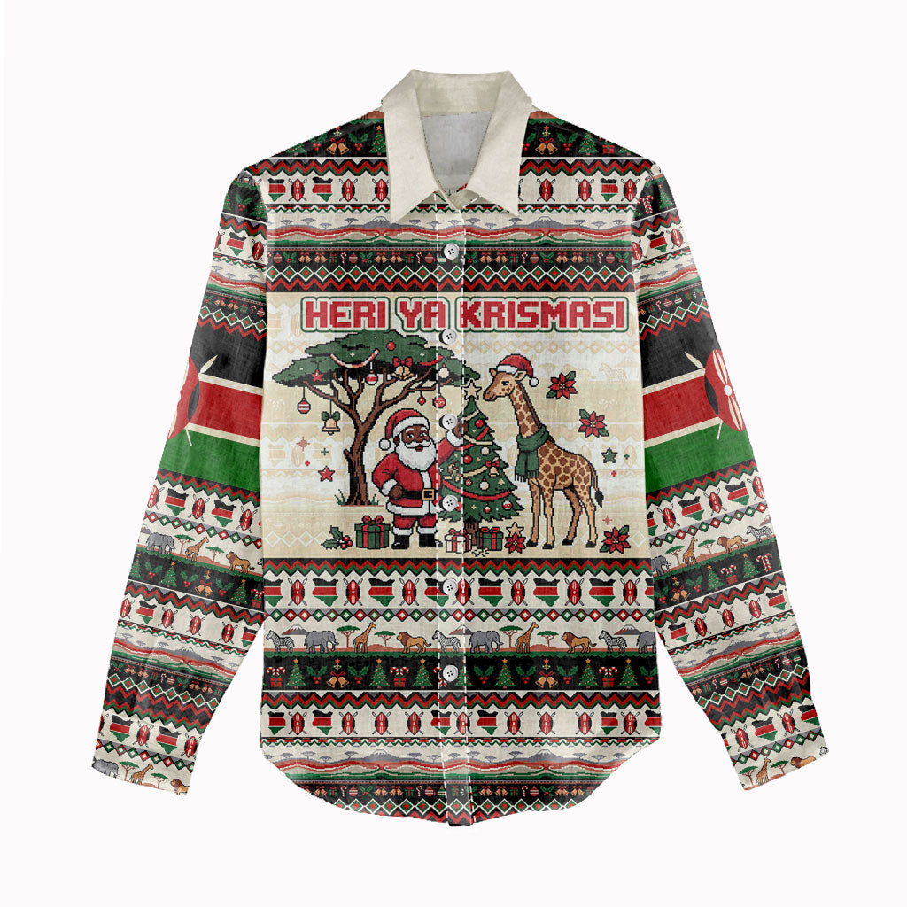 Kenya Christmas Santa Wildlife Women Casual Shirt Heri Ya Krismasi - Elephant Giraffe - Ugly Pixel Art