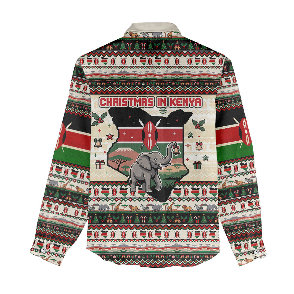 Kenya Christmas Santa Wildlife Women Casual Shirt Heri Ya Krismasi - Elephant Giraffe - Ugly Pixel Art