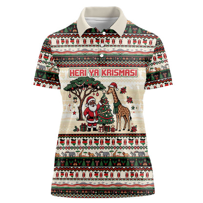 Kenya Christmas Santa Wildlife Women Polo Shirt Heri Ya Krismasi - Elephant Giraffe - Ugly Pixel Art