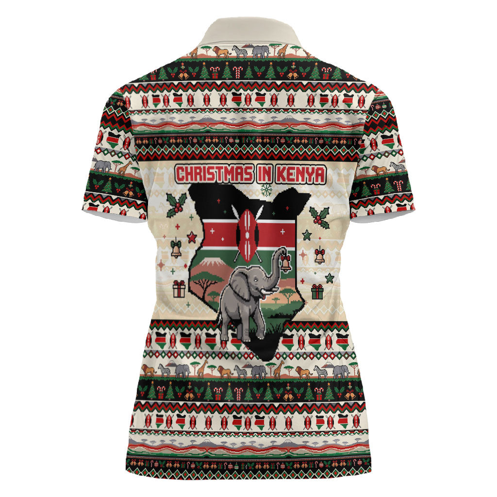 Kenya Christmas Santa Wildlife Women Polo Shirt Heri Ya Krismasi - Elephant Giraffe - Ugly Pixel Art