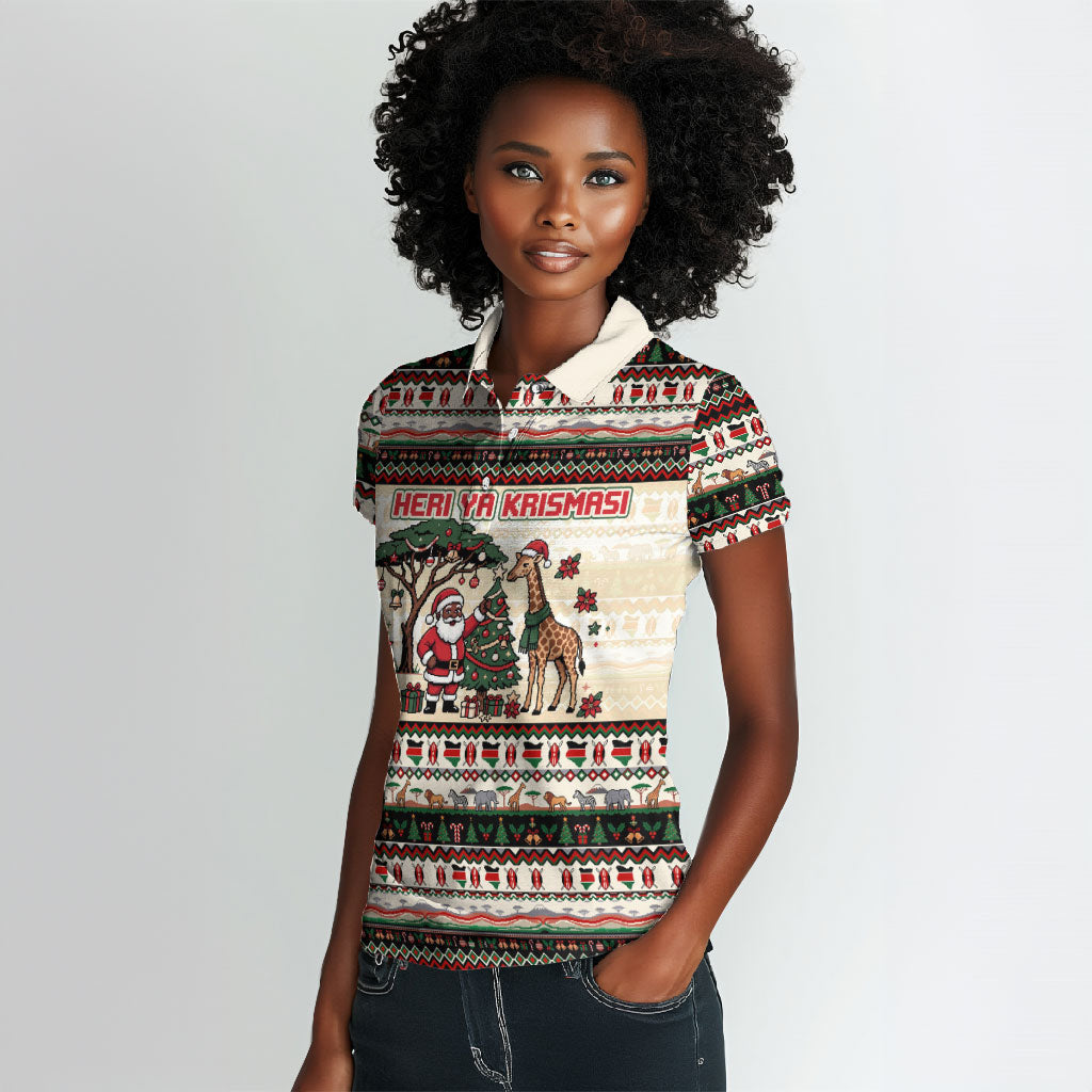 Kenya Christmas Santa Wildlife Women Polo Shirt Heri Ya Krismasi - Elephant Giraffe - Ugly Pixel Art