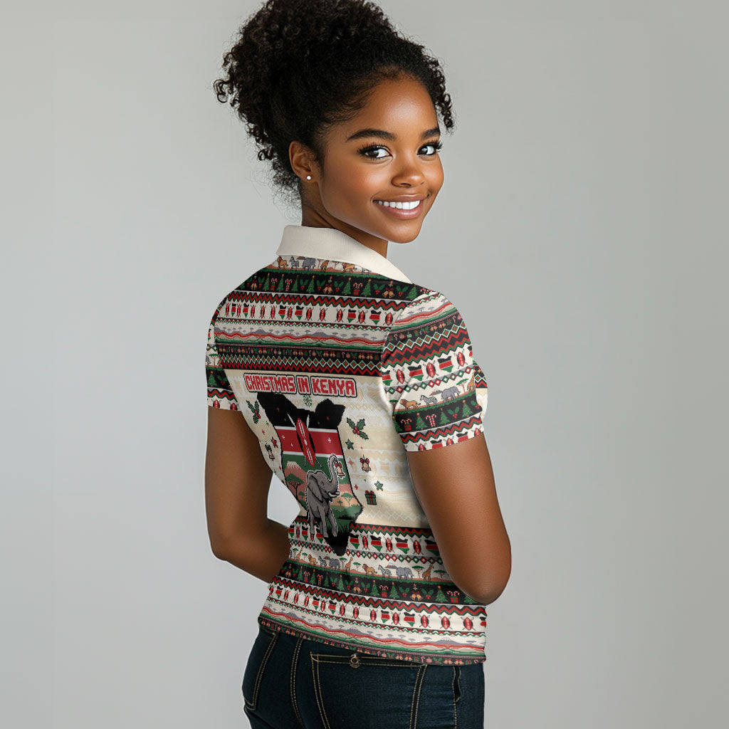 Kenya Christmas Santa Wildlife Women Polo Shirt Heri Ya Krismasi - Elephant Giraffe - Ugly Pixel Art