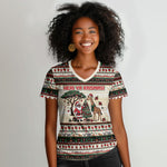Kenya Christmas Santa Wildlife Women V-Neck T-Shirt Heri Ya Krismasi - Elephant Giraffe - Ugly Pixel Art