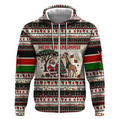 Kenya Christmas Santa Wildlife Zip Hoodie Heri Ya Krismasi - Elephant Giraffe - Ugly Pixel Art