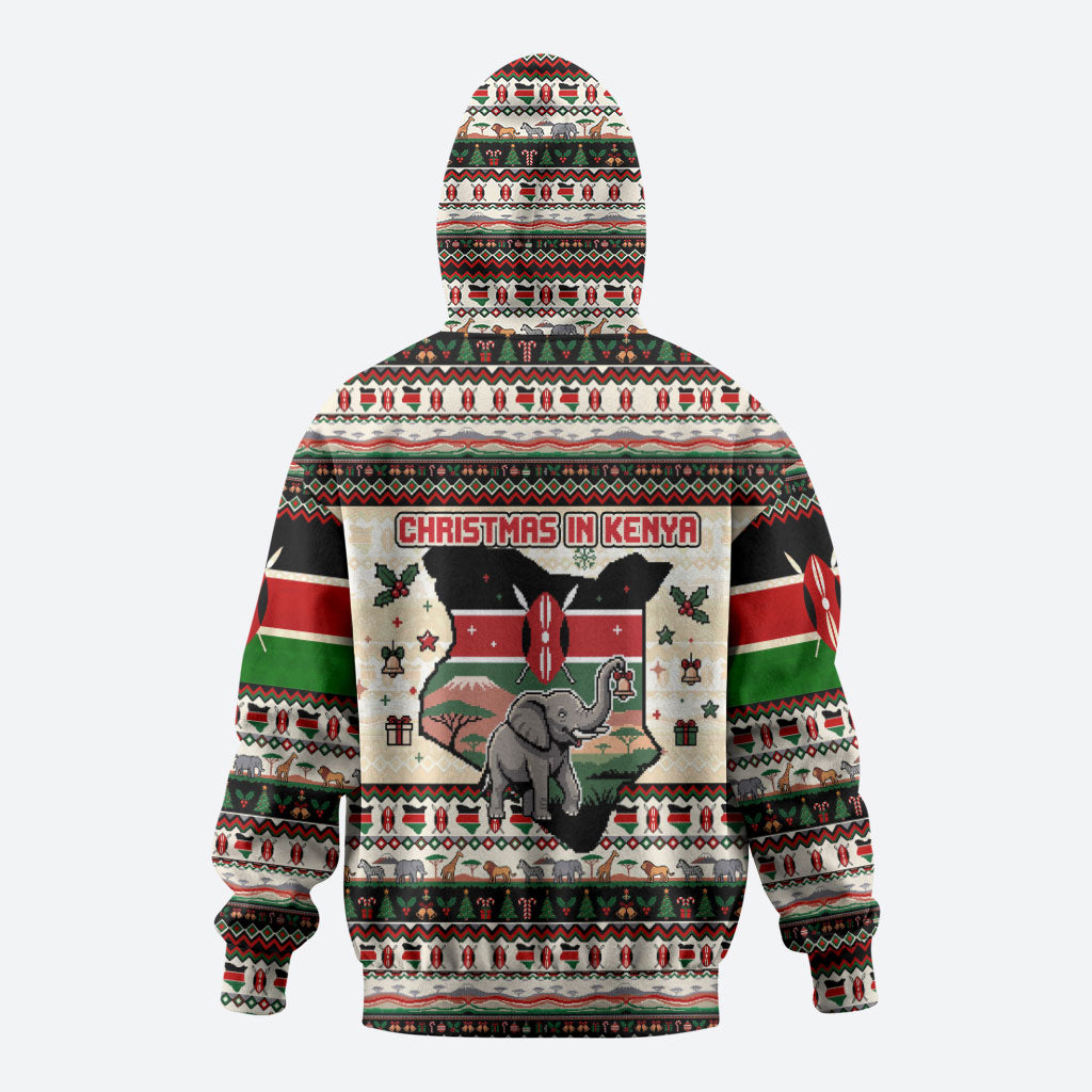 Kenya Christmas Santa Wildlife Zip Hoodie Heri Ya Krismasi - Elephant Giraffe - Ugly Pixel Art