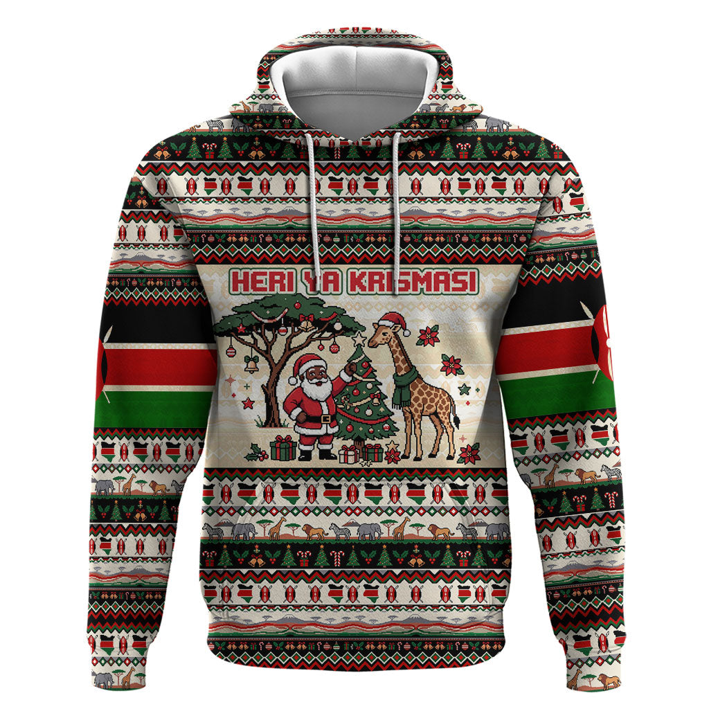 Kenya Christmas Santa Wildlife Zip Hoodie Heri Ya Krismasi - Elephant Giraffe - Ugly Pixel Art