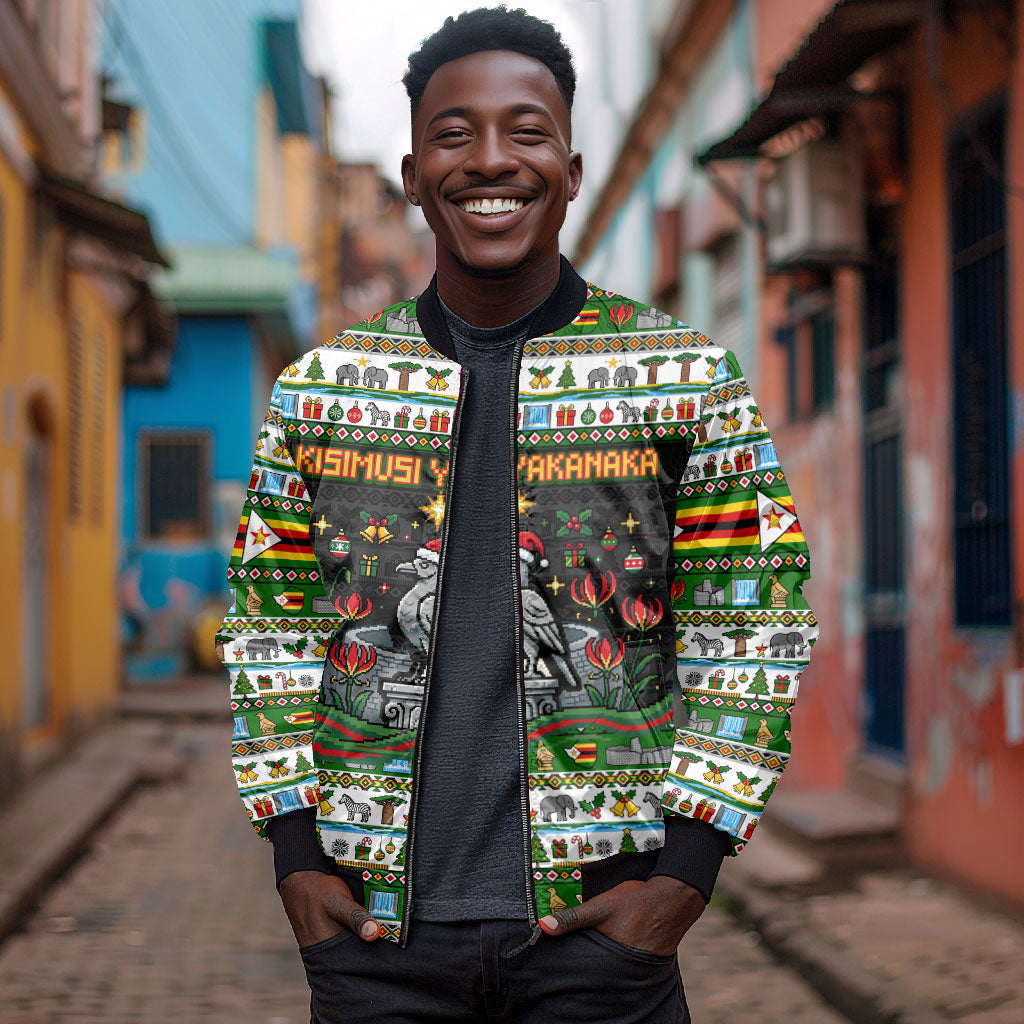 Zimbabwe Christmas Bird Elephant Bomber Jacket Kisimusi Yakanaka - Bird Victoria Falls - Ugly Pixel Art