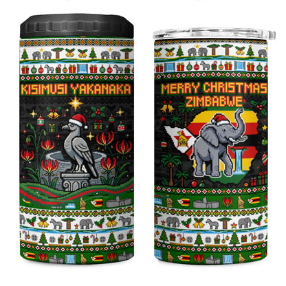 Zimbabwe Christmas Bird Elephant 4 in 1 Can Cooler Tumbler Kisimusi Yakanaka - Bird Victoria Falls - Ugly Pixel Art