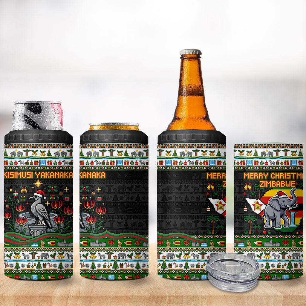 Zimbabwe Christmas Bird Elephant 4 in 1 Can Cooler Tumbler Kisimusi Yakanaka - Bird Victoria Falls - Ugly Pixel Art