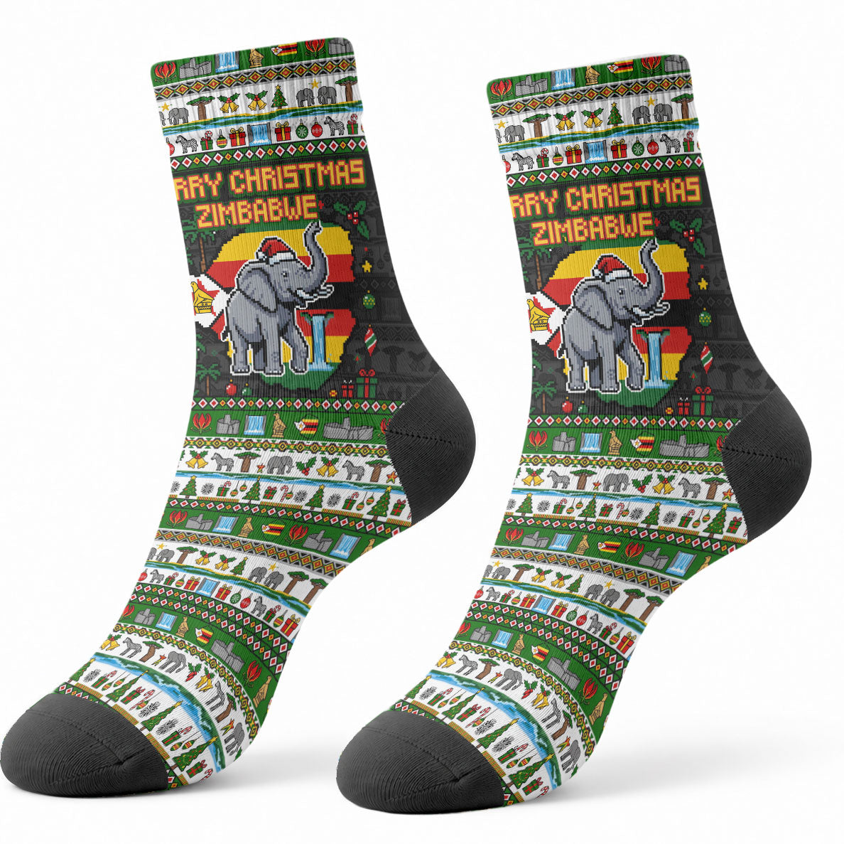 Zimbabwe Christmas Bird Elephant Crew Socks Kisimusi Yakanaka - Bird Victoria Falls - Ugly Pixel Art