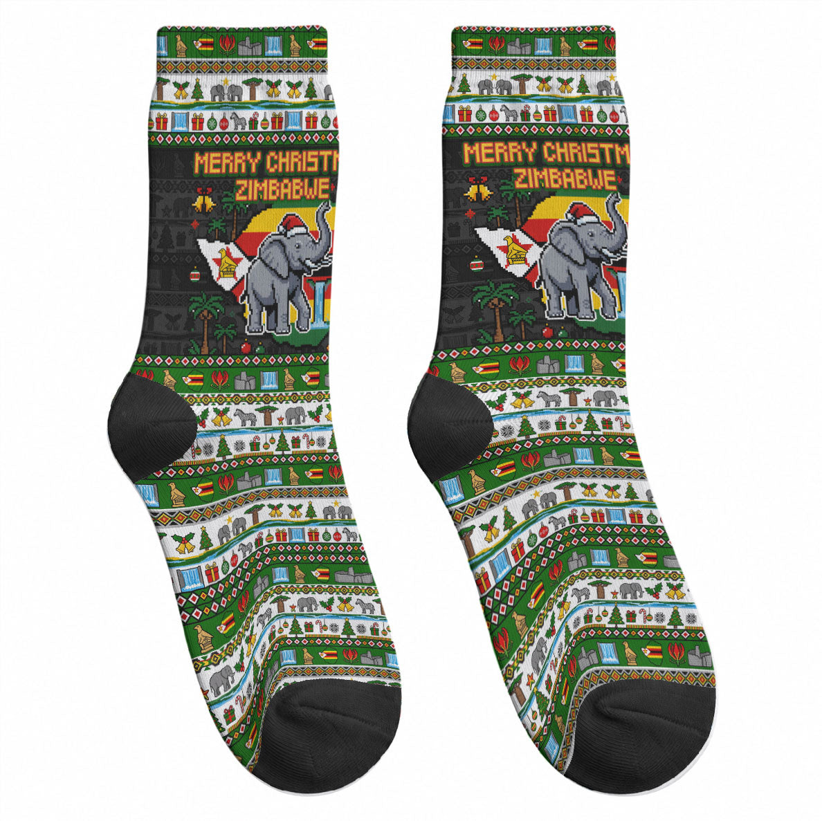 Zimbabwe Christmas Bird Elephant Crew Socks Kisimusi Yakanaka - Bird Victoria Falls - Ugly Pixel Art