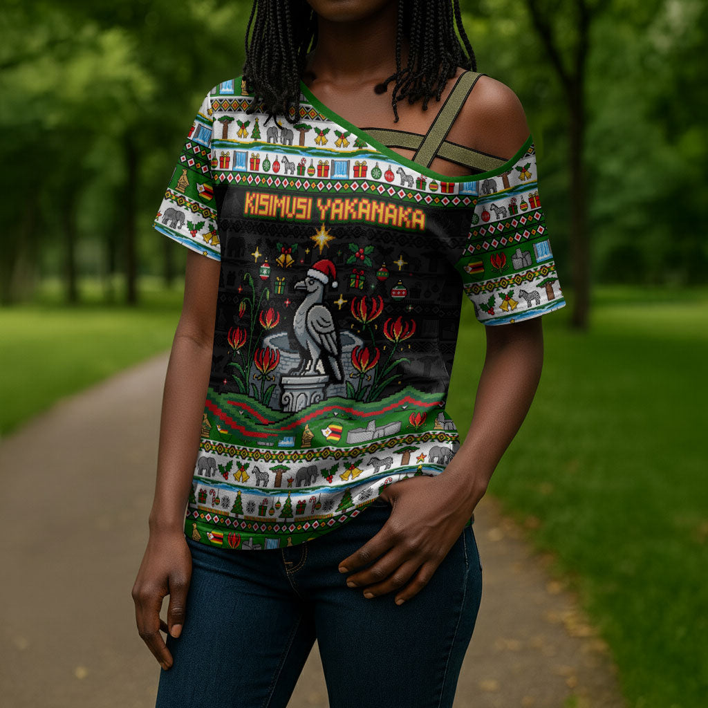 Zimbabwe Christmas Bird Elephant Cross Shoulder Shirt Kisimusi Yakanaka - Bird Victoria Falls - Ugly Pixel Art
