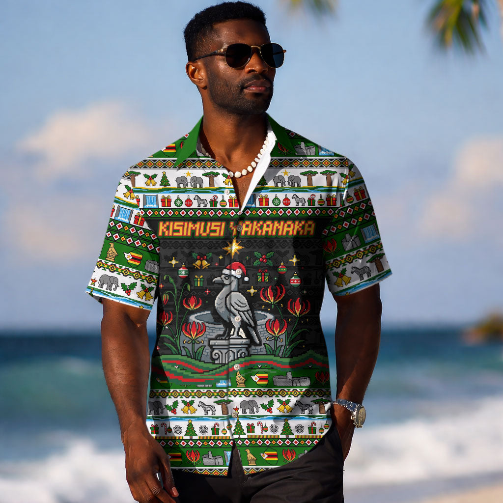 Zimbabwe Christmas Bird Elephant Hawaiian Shirt Kisimusi Yakanaka - Bird Victoria Falls - Ugly Pixel Art