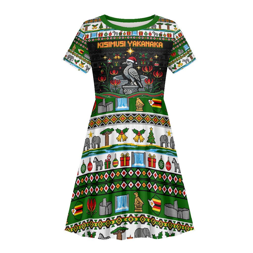 Zimbabwe Christmas Bird Elephant Kid Short Sleeve Dress Kisimusi Yakanaka - Bird Victoria Falls - Ugly Pixel Art