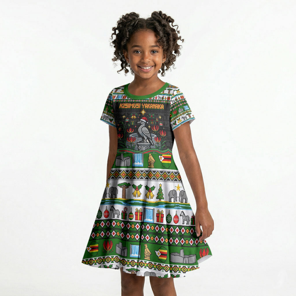 Zimbabwe Christmas Bird Elephant Kid Short Sleeve Dress Kisimusi Yakanaka - Bird Victoria Falls - Ugly Pixel Art