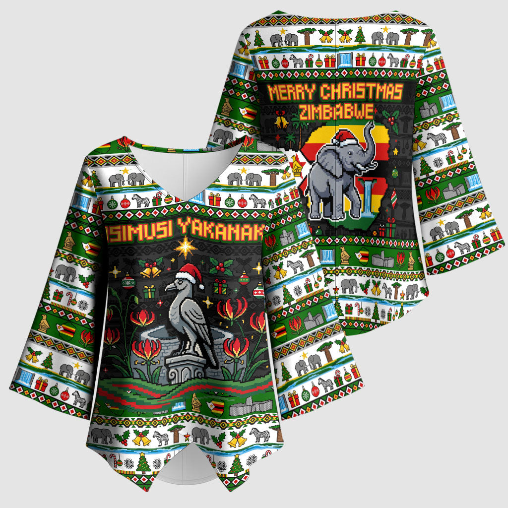 Zimbabwe Christmas Bird Elephant Kimono Sleeve Blouse Kisimusi Yakanaka - Bird Victoria Falls - Ugly Pixel Art