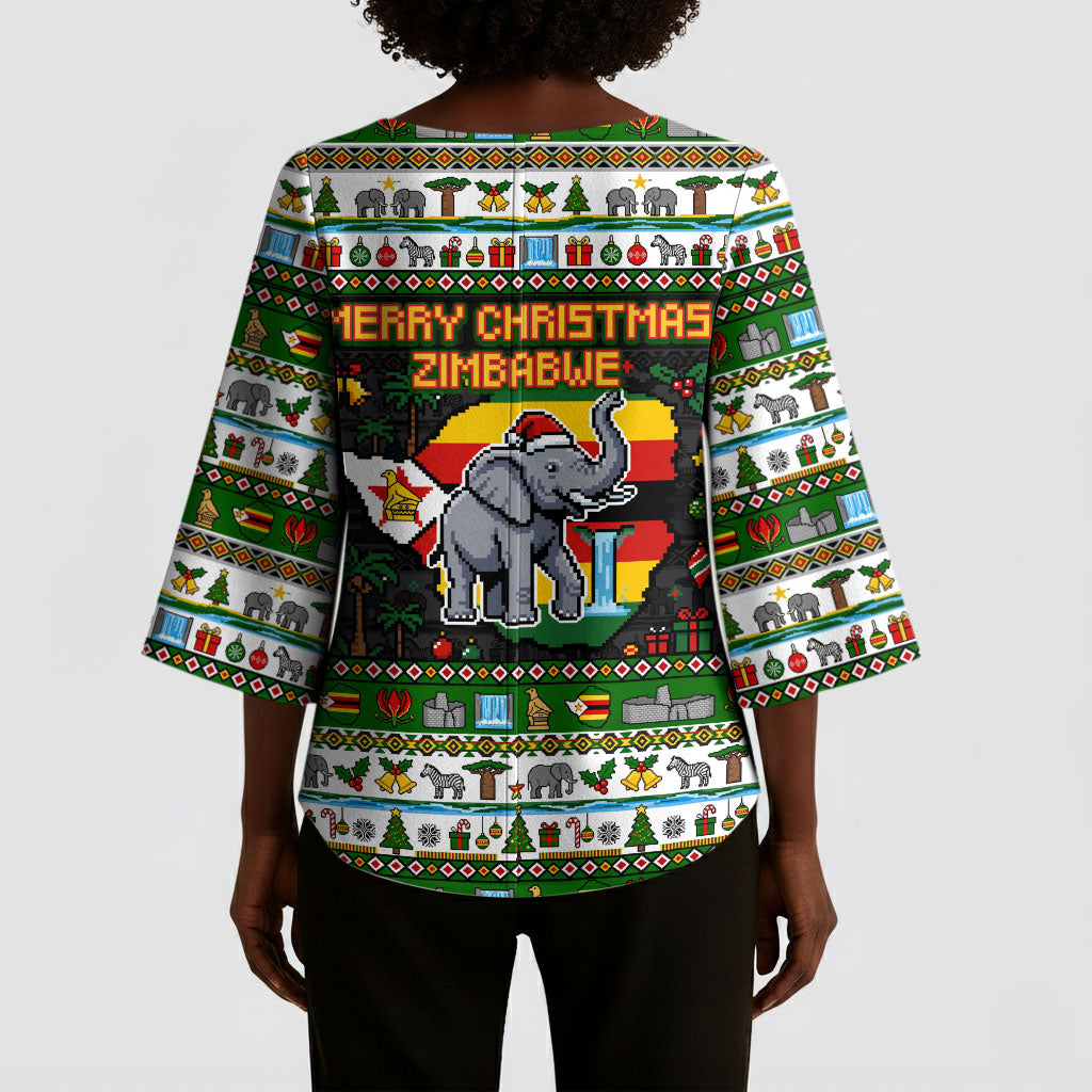 Zimbabwe Christmas Bird Elephant Kimono Sleeve Blouse Kisimusi Yakanaka - Bird Victoria Falls - Ugly Pixel Art