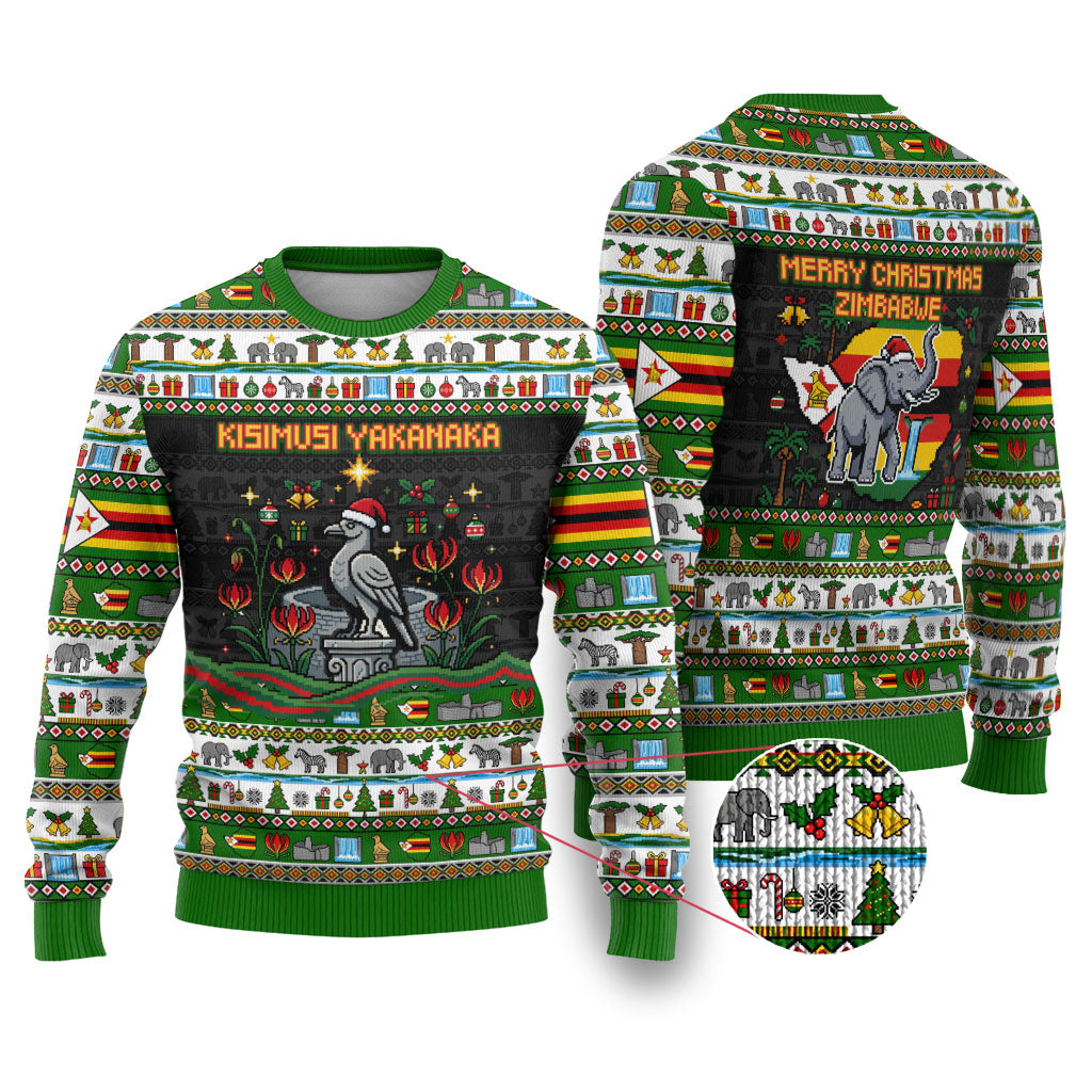 Zimbabwe Christmas Bird Elephant Ugly Christmas Sweater Kisimusi Yakanaka - Bird Victoria Falls - Ugly Pixel Art