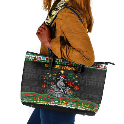 Zimbabwe Christmas Bird Elephant Leather Tote Bag Kisimusi Yakanaka - Bird Victoria Falls - Ugly Pixel Art