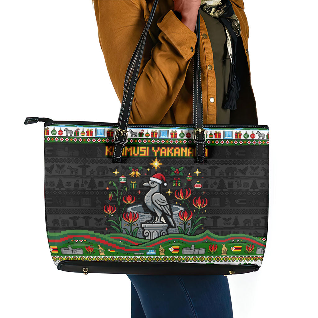 Zimbabwe Christmas Bird Elephant Leather Tote Bag Kisimusi Yakanaka - Bird Victoria Falls - Ugly Pixel Art