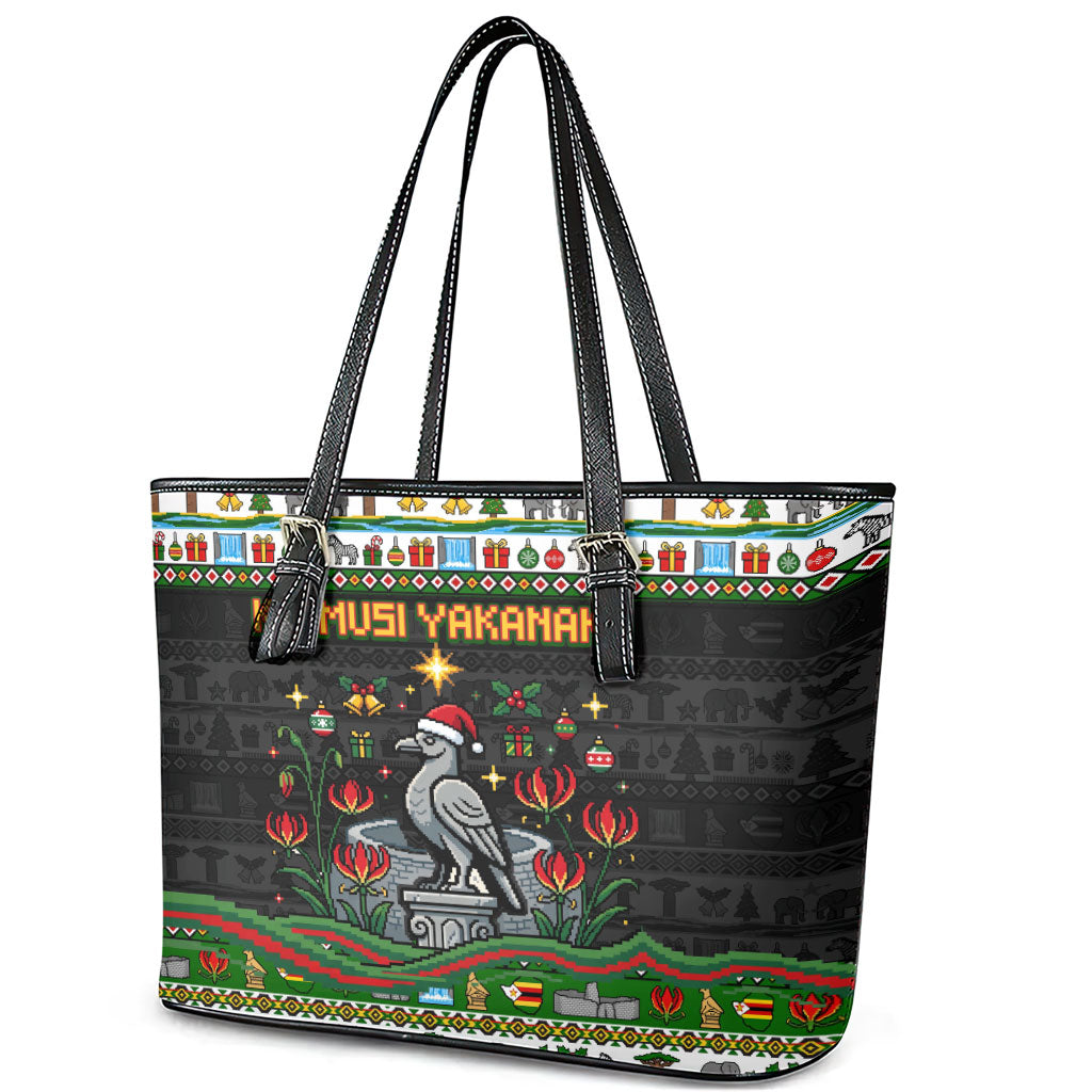 Zimbabwe Christmas Bird Elephant Leather Tote Bag Kisimusi Yakanaka - Bird Victoria Falls - Ugly Pixel Art