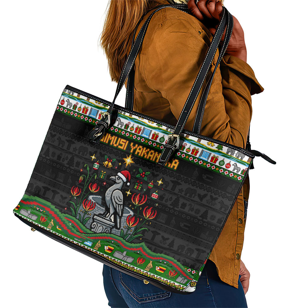 Zimbabwe Christmas Bird Elephant Leather Tote Bag Kisimusi Yakanaka - Bird Victoria Falls - Ugly Pixel Art