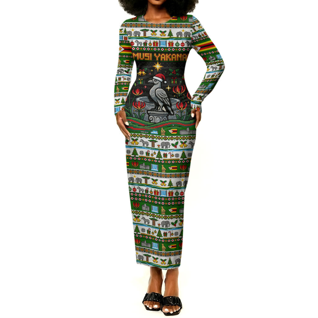 Zimbabwe Christmas Bird Elephant Long Sleeve Bodycon Dress Kisimusi Yakanaka - Bird Victoria Falls - Ugly Pixel Art