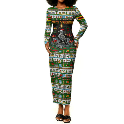 Zimbabwe Christmas Bird Elephant Long Sleeve Bodycon Dress Kisimusi Yakanaka - Bird Victoria Falls - Ugly Pixel Art