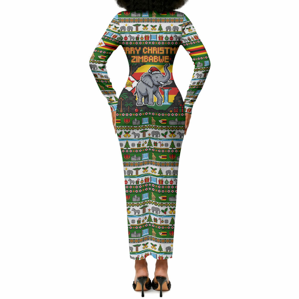 Zimbabwe Christmas Bird Elephant Long Sleeve Bodycon Dress Kisimusi Yakanaka - Bird Victoria Falls - Ugly Pixel Art