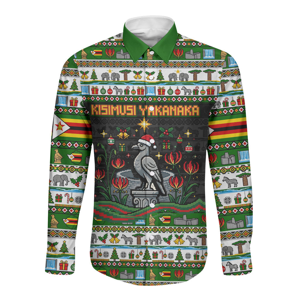 Zimbabwe Christmas Bird Elephant Long Sleeve Button Shirt Kisimusi Yakanaka - Bird Victoria Falls - Ugly Pixel Art