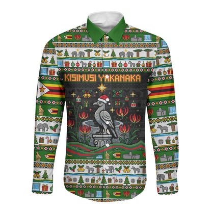 Zimbabwe Christmas Bird Elephant Long Sleeve Button Shirt Kisimusi Yakanaka - Bird Victoria Falls - Ugly Pixel Art