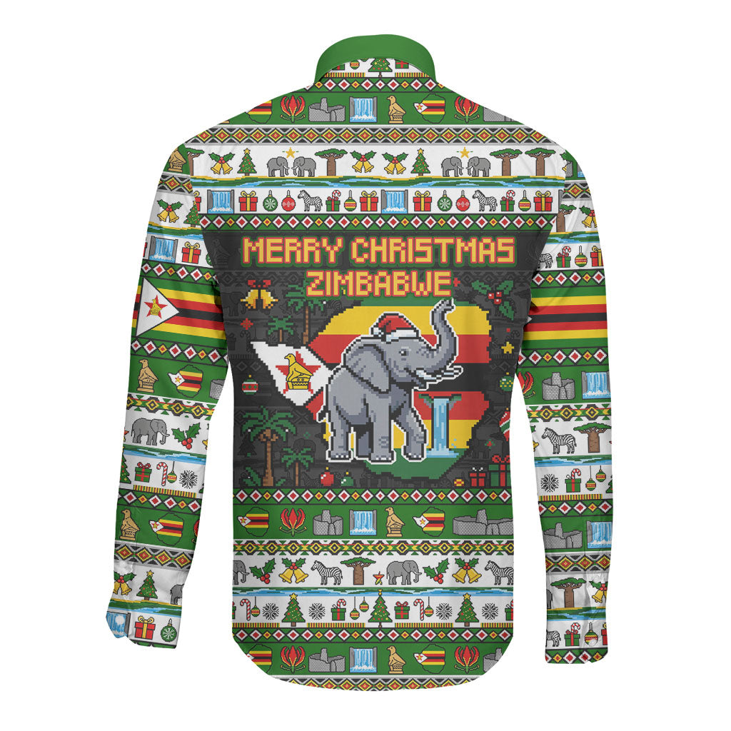 Zimbabwe Christmas Bird Elephant Long Sleeve Button Shirt Kisimusi Yakanaka - Bird Victoria Falls - Ugly Pixel Art