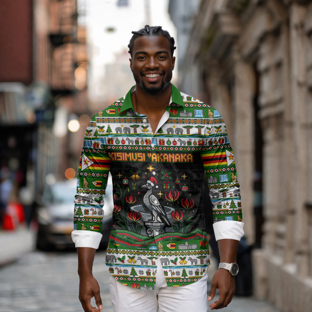 Zimbabwe Christmas Bird Elephant Long Sleeve Button Shirt Kisimusi Yakanaka - Bird Victoria Falls - Ugly Pixel Art