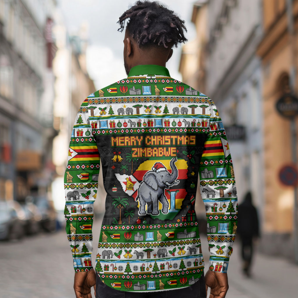 Zimbabwe Christmas Bird Elephant Long Sleeve Button Shirt Kisimusi Yakanaka - Bird Victoria Falls - Ugly Pixel Art
