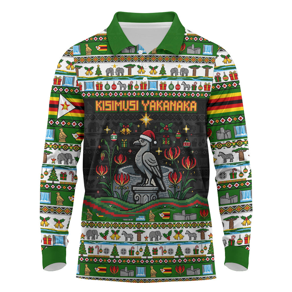Zimbabwe Christmas Bird Elephant Long Sleeve Polo Shirt Kisimusi Yakanaka - Bird Victoria Falls - Ugly Pixel Art