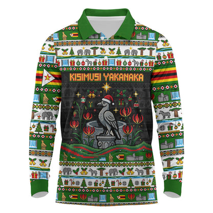 Zimbabwe Christmas Bird Elephant Long Sleeve Polo Shirt Kisimusi Yakanaka - Bird Victoria Falls - Ugly Pixel Art