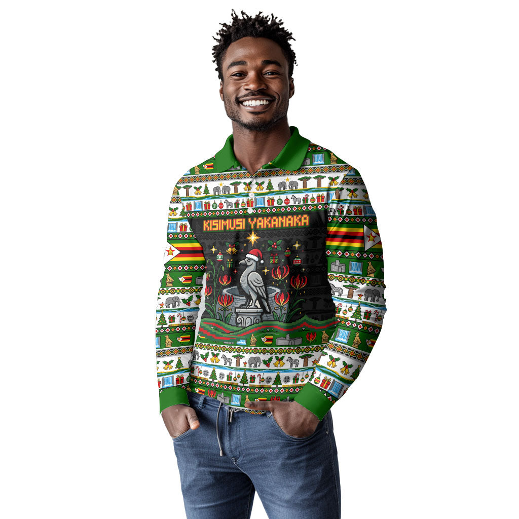 Zimbabwe Christmas Bird Elephant Long Sleeve Polo Shirt Kisimusi Yakanaka - Bird Victoria Falls - Ugly Pixel Art
