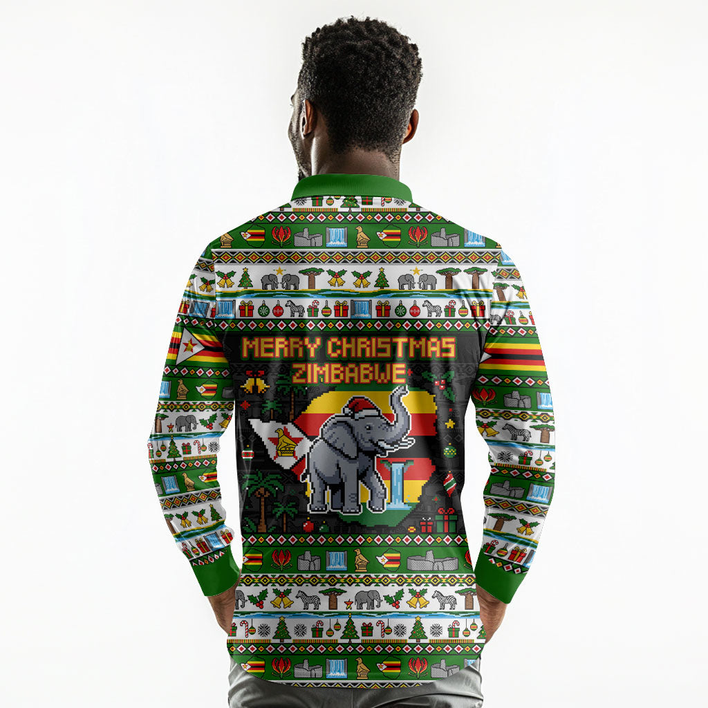 Zimbabwe Christmas Bird Elephant Long Sleeve Polo Shirt Kisimusi Yakanaka - Bird Victoria Falls - Ugly Pixel Art