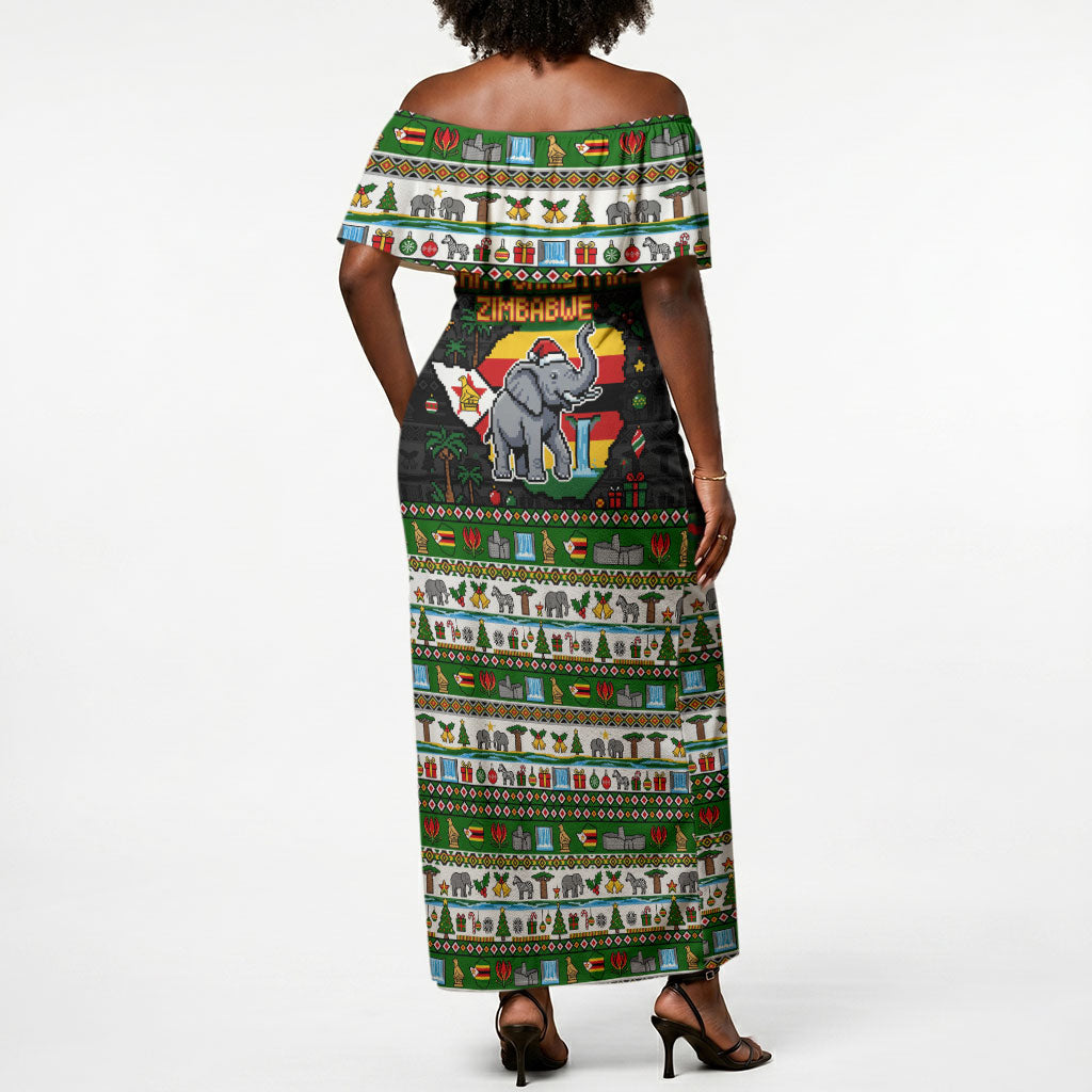 Zimbabwe Christmas Bird Elephant Off Shoulder Maxi Dress Kisimusi Yakanaka - Bird Victoria Falls - Ugly Pixel Art